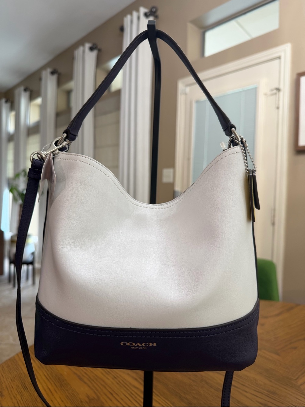 Coach White and Navy Color Block Leather Shoulder Bag